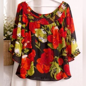 Signature JMD Size 1X Floral Women's lined sequin sheer Top - Red and Green